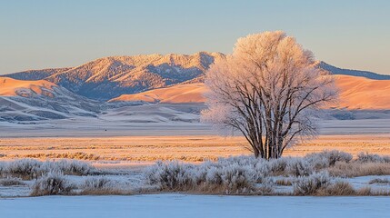 Wall Mural - Frosty winter sunrise over snow-covered landscape and mountains.