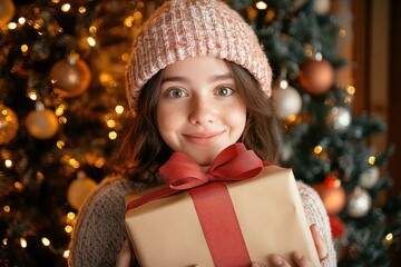 Wall Mural - Cheerful Woman with Presents by Christmas Tree