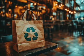 Wall Mural - A brown paper bag with a green recycling symbol on it, sitting in an eco-friendly cafe in nature theme. 