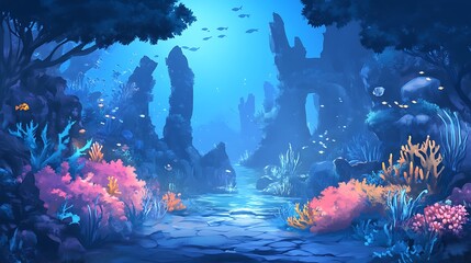 Wall Mural - Serene Underwater Scene with Coral Reef and Fish