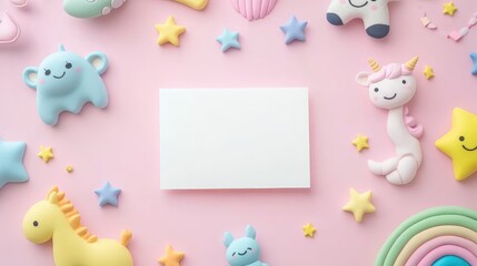Poster - A blank white card placed on a pastel pink background, surrounded by kawaii-style plasticine cartoon animals, stars, and rainbows. Ideal for baby photo books or scrapbooking designs.