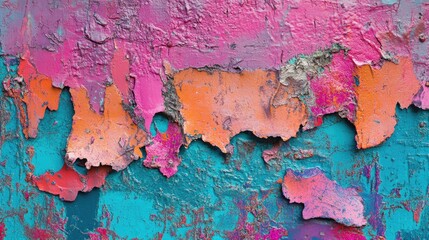 Poster - A close-up of a textured urban wall with bright teal, pink, blue, and orange hues, capturing a bold, street-style vibe for modern design concepts and mockups.