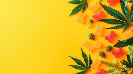 Poster - A fun and vibrant arrangement of gummy bears, cannabis leaves, and buds on a bright yellow background. Ideal for promoting CBD-infused candies, cannabis edibles, or wellness treats.