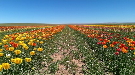 Poster - Vibrant tulip field under a clear blue sky.