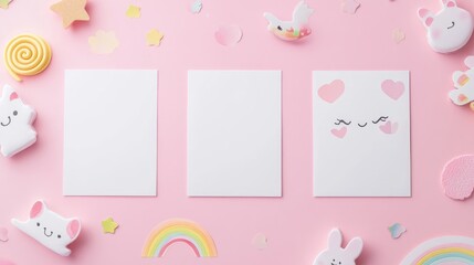 Poster - A set of five blank white cards on a pastel pink background surrounded by cute kawaii animals, rainbows, and sweet designs. Ideal for baby photo books, scrapbooking, or greeting cards.