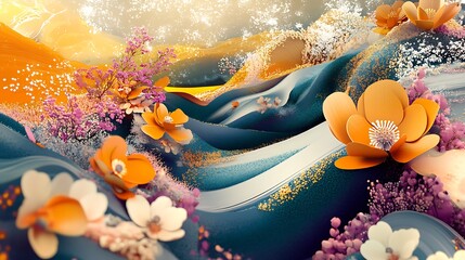 Wall Mural - Abstract Floral Landscape with Vivid Orange Blossoms