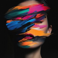 Poster - Abstract Woman Portrait with Vibrant Brushstrokes Covering Face
