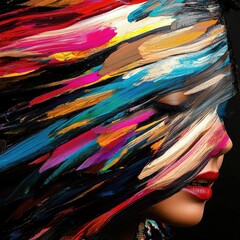 Poster - Abstract Woman Portrait with Vibrant Brushstrokes Covering Face
