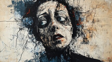 Poster - Artistic mixed media portrait of a woman with expressive brushstrokes and ink splatters, symbolizing emotional struggles and mental disorder.