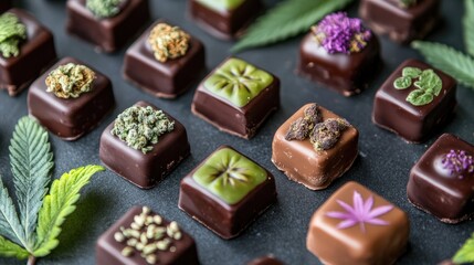 Poster - Assorted cannabis chocolates with colorful toppings and hemp leaves, showcasing creative gourmet chocolate design. Perfect for confectionary art and cannabis-infused treats.