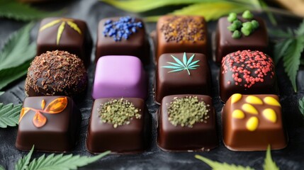 Poster - Assorted cannabis chocolates with colorful toppings and hemp leaves, showcasing creative gourmet chocolate design. Perfect for confectionary art and cannabis-infused treats.