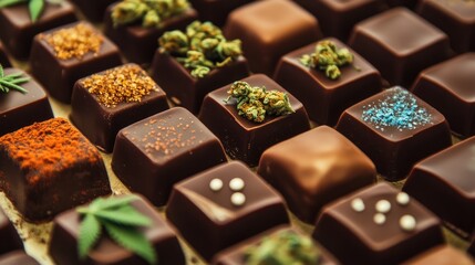 Poster - Assorted cannabis chocolates with colorful toppings and hemp leaves, showcasing creative gourmet chocolate design. Perfect for confectionary art and cannabis-infused treats.