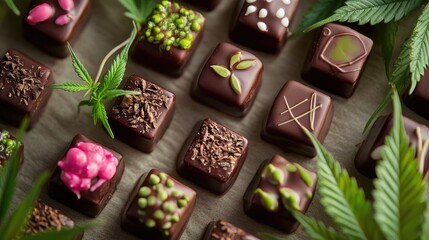 Poster - Assorted cannabis-infused chocolates topped with vibrant toppings and decorated with cannabis leaves. Perfect for gourmet chocolate creations and confectionery art.