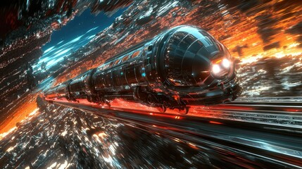 Poster - Futuristic Train Navigating Through an Abstract Cosmic Landscape