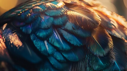 Wall Mural - Close-up of iridescent bird feathers in sunlight.