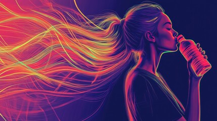 Poster - Banner with vibrant abstract artwork of a woman drinking from a bottle, surrounded by dynamic, colorful lines representing energy, motion, and an active lifestyle. Neon colors, copy space for text.