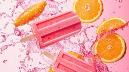Aufkleber - Banner with vibrant pink and orange popsicles and fruit slices flying in liquid splashes on a bright pink background. Perfect for promoting sweet, refreshing summer treats.