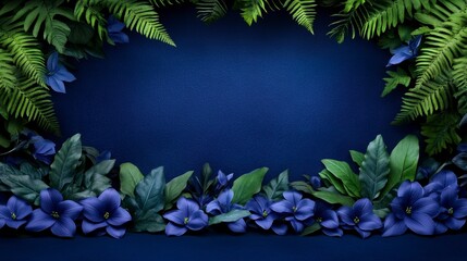 Wall Mural - Vibrant blue flowers elegantly framed by lush green ferns on a deep navy background creating a serene botanical atmosphere