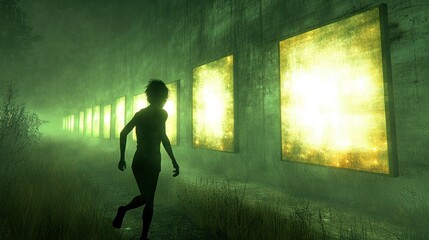 Poster - A figure walks past glowing frames in a misty environment.