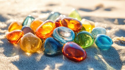 Poster - Beautifully stacked glass pebbles in vibrant colors on a sunlit beach, perfect for mindfulness, wellness, and meditation themes, evoking balance and peace.
