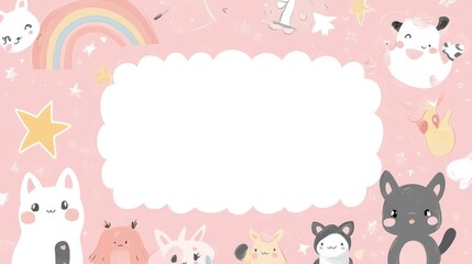 Poster - Blank white card on a pastel pink background framed by kawaii-style cartoon animals, rainbows, and stars. Ideal for scrapbooking, baby photo books, or personalized designs.
