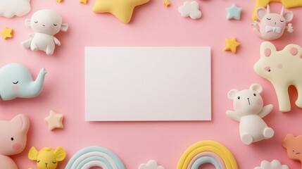 Poster - Blank white card on a pastel pink background framed by cute kawaii plasticine handmade cartoon animals, stars, and rainbows. Perfect for baby's photo books, scrapbooking, and design templates.