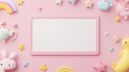 Poster - Blank white card on a pastel pink background framed by cute kawaii plasticine handmade cartoon animals, stars, and rainbows. Perfect for baby's photo books, scrapbooking, and design templates.