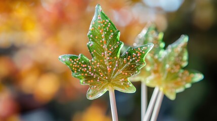 Poster - Bright and playful cannabis leaf-shaped lollipops with sprinkles, ideal for sweet treats and fun edible concept promotions.