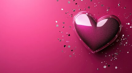 Poster - Bright magenta pink Valentine's Day background with a metallic 3D heart and silver confetti. Ideal for love, romance, and Valentine's Day celebration banners with copy space.