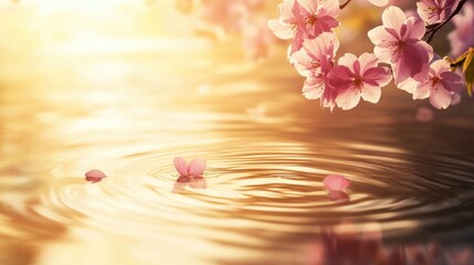 Calm water ripples with warm golden sunlight, creating a soothing atmosphere and ample space for text, ideal for beauty and wellness promotions.