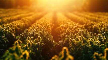 Poster - Cannabis field bathed in warm golden sunset light, ideal for showcasing organic farming, wellness, and agricultural themes with a serene, natural vibe.