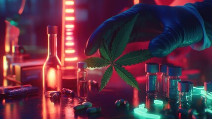Poster - Cannabis research in a lab, with a gloved hand holding a cannabis leaf over pills and vials, lit by neon lighting. Ideal for medical applications and pharmaceutical designs.