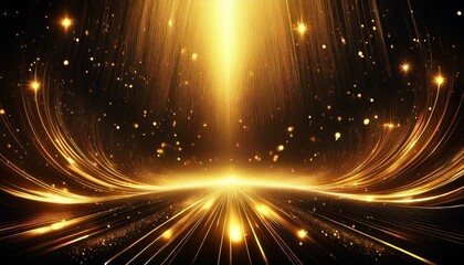 Wall Mural - abstract background with glowing lines, dazzling stage illuminated by golden rays and sparks creates