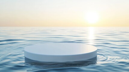 Aufkleber - Clean white circle podium on a calm, transparent water surface with gentle ripples and splashes of sunlight. Ideal for abstract nature background and product presentations.