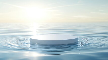 Aufkleber - Clean white circle podium on a calm, transparent water surface with gentle ripples and splashes of sunlight. Ideal for abstract nature background and product presentations.