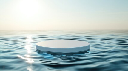 Aufkleber - Clean white circle podium on a calm, transparent water surface with gentle ripples and splashes of sunlight. Ideal for abstract nature background and product presentations.
