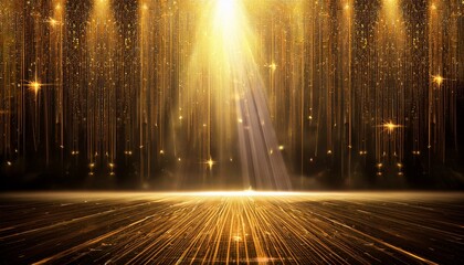 Wall Mural - background with lights, dazzling stage illuminated by golden rays and sparks creates a captivating b
