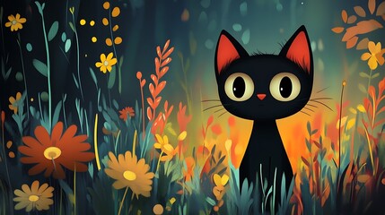 Canvas Print - Cute black kitten sitting amidst vibrant wildflowers at night.