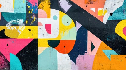 Poster - Colorful and messy painted urban wall texture, full of vibrant splashes and abstract patterns. Great for modern design concepts, wallpaper backgrounds, or creative urban visuals.
