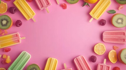 Aufkleber - Colorful fruit-flavored popsicles arranged on a vibrant pink backdrop with ample copy space in the center. Ideal for food marketing, summer promotions, or sweet treat advertisements.