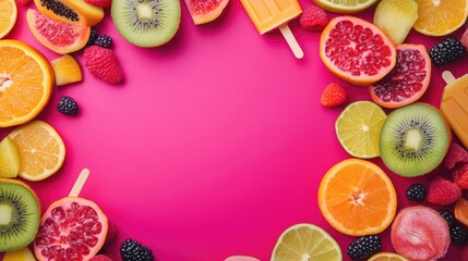 Aufkleber - Colorful fruit-flavored popsicles arranged on a vibrant pink backdrop with ample copy space in the center. Ideal for food marketing, summer promotions, or sweet treat advertisements.