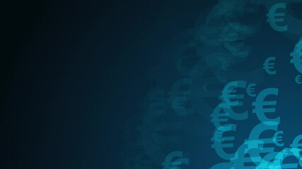 Poster - Blue euro symbol shapes are moving from the bottom right of a gradient grid abstract background, horizontal composition. Finance motion graphic. Loop animation footage for graphic design.
