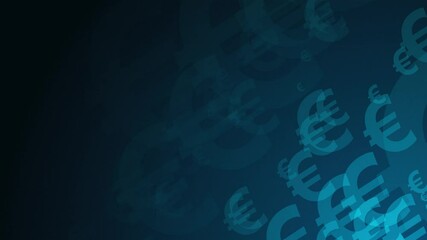 Poster - Blue euro symbol shapes are moving from the bottom right of a gradient grid abstract background, horizontal composition. Finance motion graphic. Loop animation footage for graphic design.