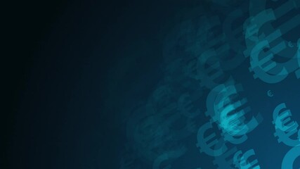 Poster - Blue euro symbol shapes are moving from the bottom right of a gradient grid abstract background, horizontal composition. Finance motion graphic. Loop animation footage for graphic design.