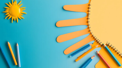 Poster - Colorful sun illustration with crayons and a notepad on a vibrant blue background