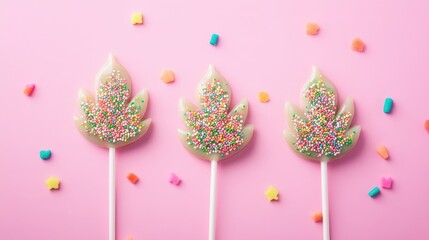 Poster - Edible cannabis lollipops in leaf shape, decorated with colorful sprinkles, set against a dreamy pink pastel background.