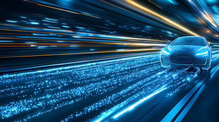 Aufkleber - Dynamic car speeding through vibrant light trails in a futuristic setting