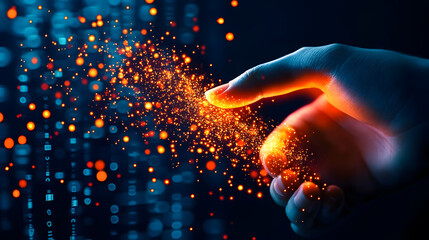 Aufkleber - Illuminated hand touching particles in a dark, digital environment