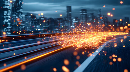 Poster - Sparks flying on a city street at dusk, creating a dynamic urban scene
