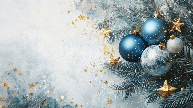 Elegant Christmas and New Year banner featuring blue baubles, golden stars, and frosted pine branches, ideal for seasonal invitations, social media, and web design.